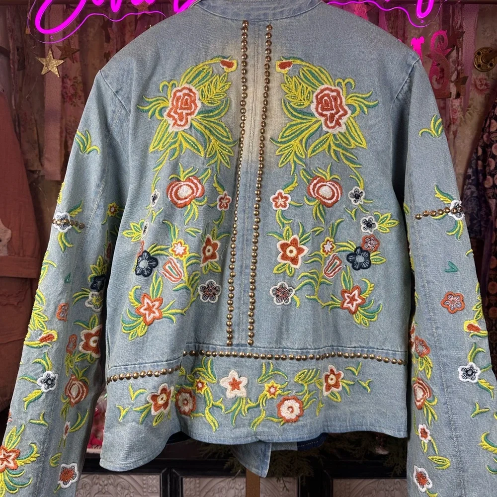 🆕 ARATTA LUCINDA EMBROIDERED DENIM JACKET Light Blue Denim Floral Embroider